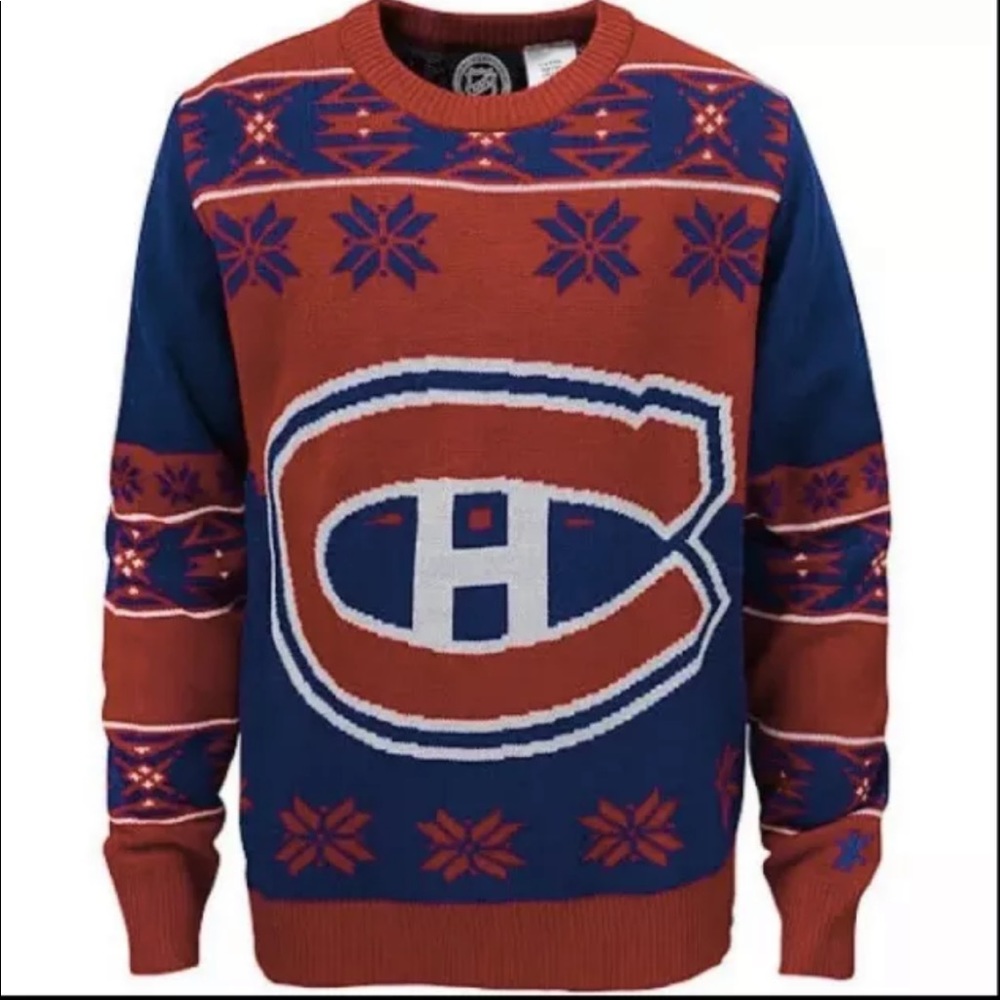 New NHL Red Blue Montreal Canadiens CH Youth Holiday Knitted Sweater, Small